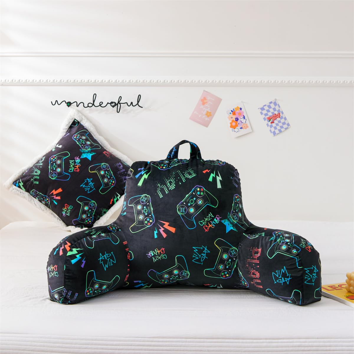 Holawakaka Reading Pillow with Arms Gamer Print Plush Bed Rest Pillows for Kids Teens Petites Sitting in Bed, Sofa, Chair, Lounge, Back Cushion with 1pc Decorative Pillowcase