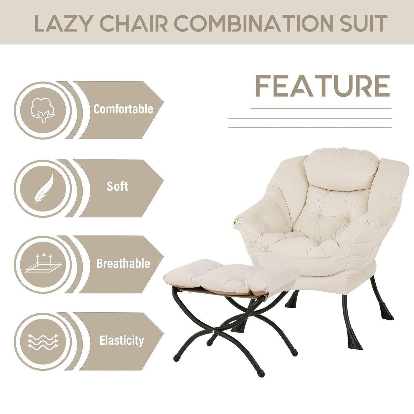 LITA Lazy Chair with Ottoman, Modern Accent Leisure Upholstered Sofa Chair, Contemporary Lounge Reading Chairs with Armrests and a Side Pocket for Living Room, Bedroom & Small Space, Beige