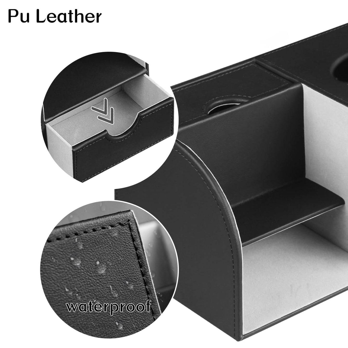 PU Leather Square Tissue Box Cover with Tray and Organizer, Multi-Function Remote Control Tissue Holder for Vanity, Nightstand, Bathroom, Home and Office