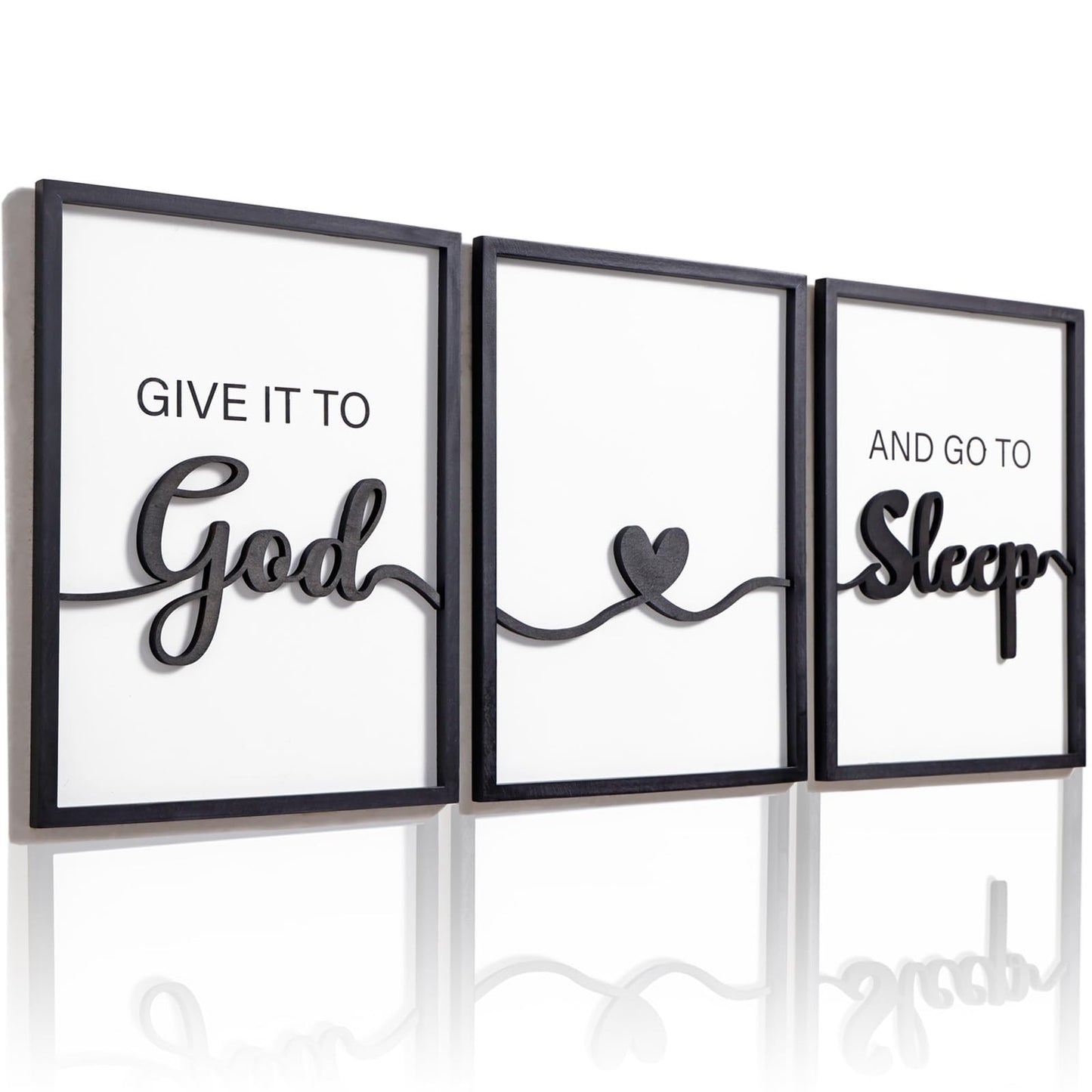 3D Wood Give it to God and Go to Sleep Signs 36x16”, Above Bed Wall Decors, Black And White 3D Bedroom Wall Art (12x16 inches, Set of 3, Framed)