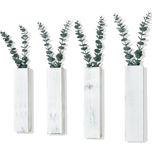 4 Pack Wood Wall Planters with 8 Pcs Artificial Eucalyptus, Plant Wall Decor for Living Room, Bedroom, Bathroom, Office, Wall Hanging Decor Wall Vase with Faux Plants, Rustic White