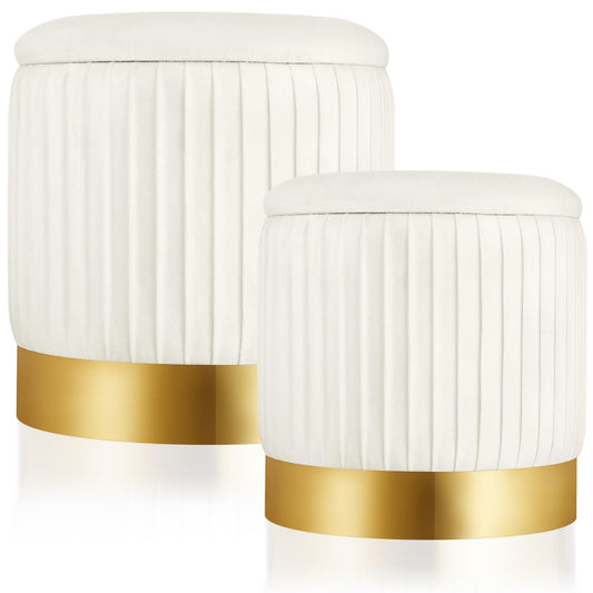Barydat 2 Pcs Round Ottoman with Storage White Velvet Storage Ottoman Stool with Removable Lid Gold Base for Dorm Living Room Bedroom
