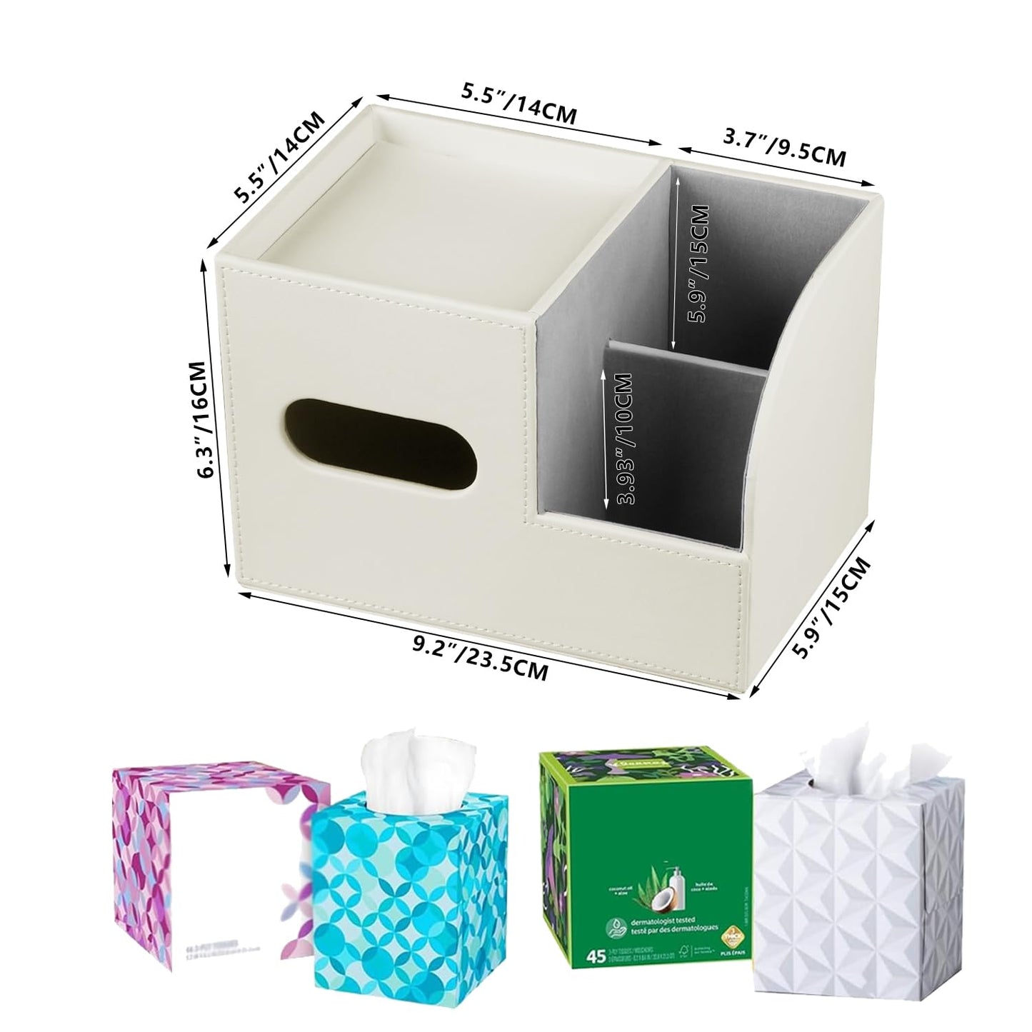 PU Leather Tissue Box Cover Square,Tissue Box Holder Organizer with Storage Tray and Remote Control Holder for Bathroom Countertop Night Stands Bedroom Office Desk,Napkin Caddy Decorative White