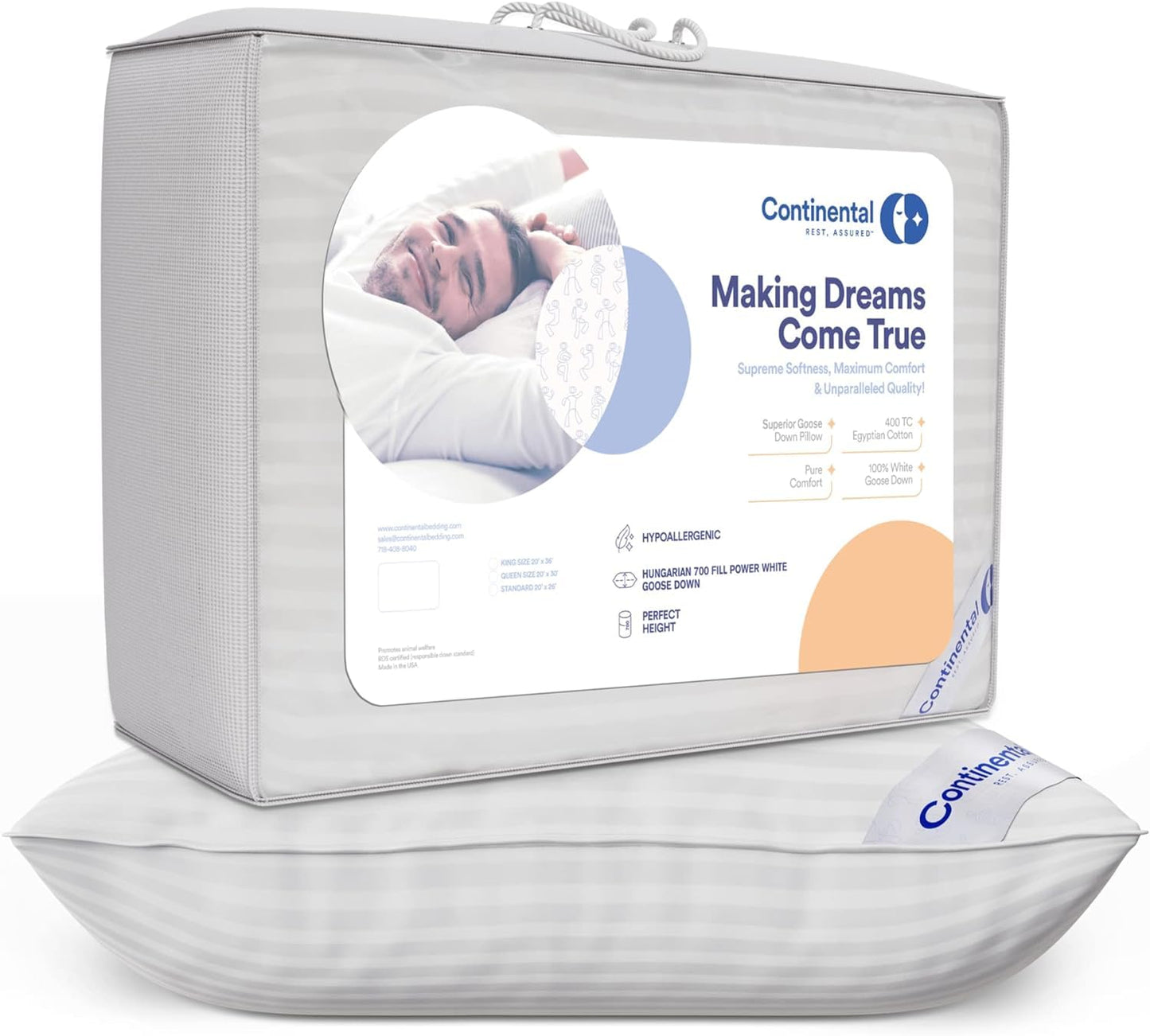 Continental Bedding | Serenity Goose Down Pillow | 700 Fill Power Hungarian White Down | 400TC Cotton Damask Shell | Made in USA | King, Soft with Protector