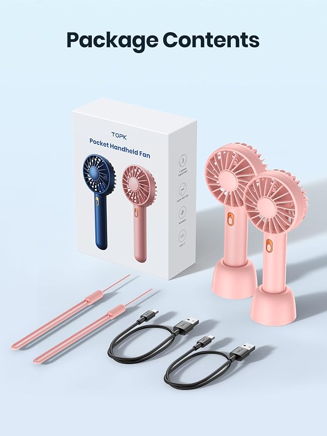 Warmco Mini Portable Fan 2-Pack - 3 Speed Rechargeable Handheld & Desk Fan with Base, Compact Cooling for Travel, Makeup, Summer Gift