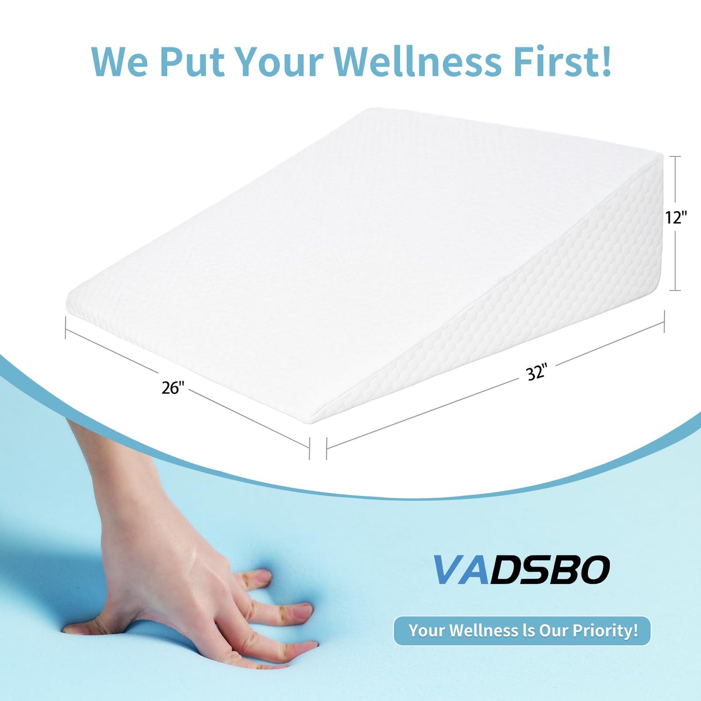 VADSBO Wedge Pillow, Bed Wedge Pillows for Sleeping, Snoring, Back Support, After Surgery, Foam Triangle Pillow, Removable Washable Cover (White, 12in)