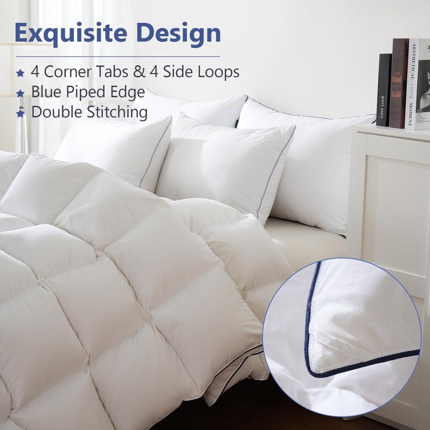 DOWNCOOL Feather Comforter King Size, 100% Cotton Cover Ultra Soft Fluffy Duvet Insert King, All Season Luxurious Hotel Bedding Comforters with Corner Tabs, White 106"x90"