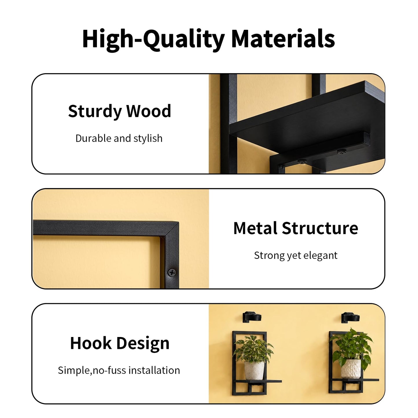 Orvado Wall Planters with Grow Lights, Set of 2 Indoor Hanging Shelves for Bedroom, Living Room, Bathroom, Kitchen, Entryway, Black (2, Black)