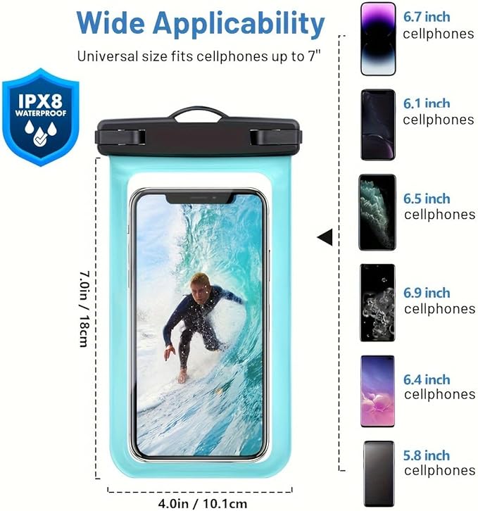 Floating IPX8 Waterproof Phone Case (2 Pack) – Universal Cellphone Dry Bag up to 7.2", Adjustable Lanyard, Touchscreen-Compatible, Perfect for Beach, Pool, Kayak, Cruise & Travel Adventures