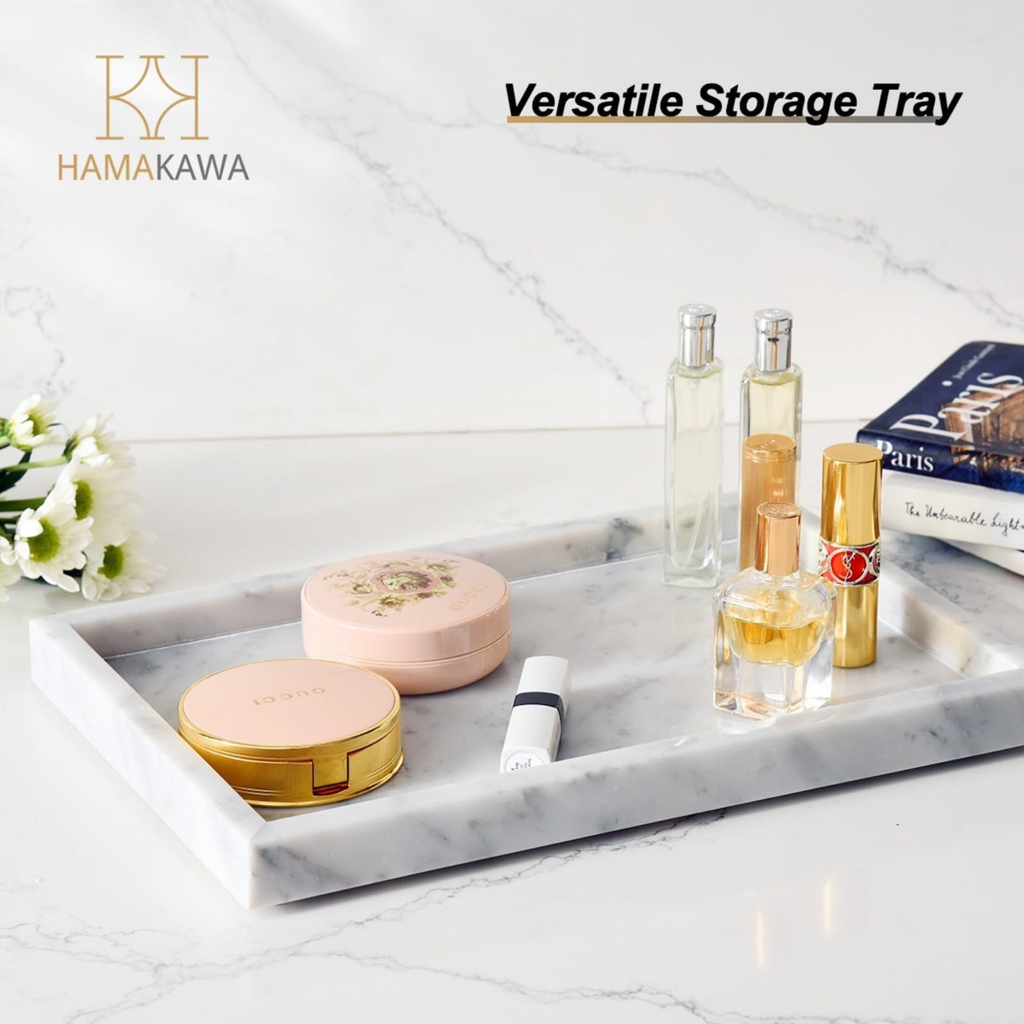HAMAKAWA White Marble Vanity Tray, Real Natural Bathroom Tray 12 inch, Carrara White Stone Sink Trays, Large Perfume Trays, Countertop Organizer for Kitchen Counter, Dresser, Toilet Tank Top