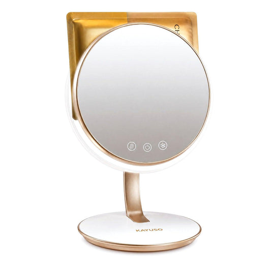 Ikowo 3-in-1 Heated & Cooled Face Mask Makeup Mirror, Rechargeable Vanity Mirror with 3 Colors, Rotatable 7" Desk LED Mirror White, Birthday Gifts for Women Mom Wife Girlfriend