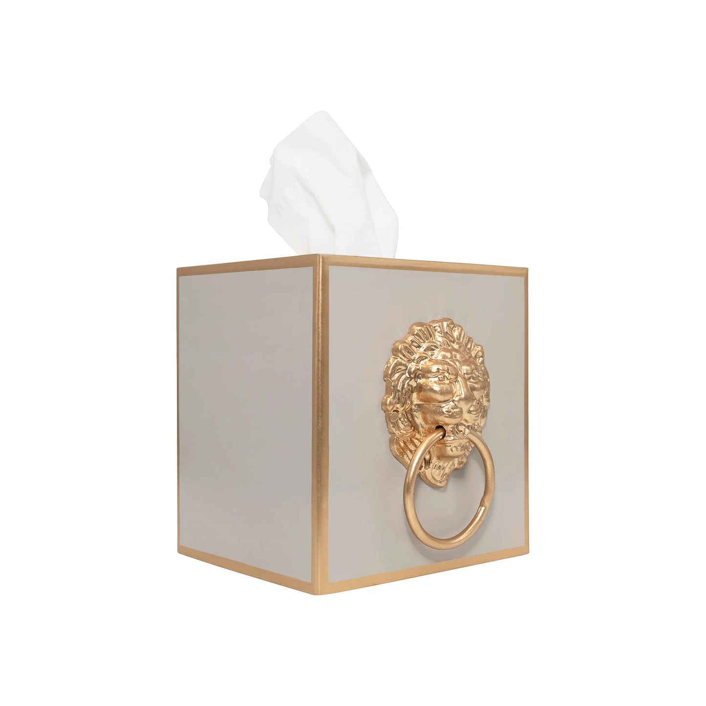 Jaye’s Studio Decorative Square Tissue Box Cover for Bathroom & Home, Premium Cube Tissue Box Holder, Gold Trim & Accents, Paws & Claws Lion’s Head Detail, Luxury Handmade Metal Decor (6x5x5, Taupe)