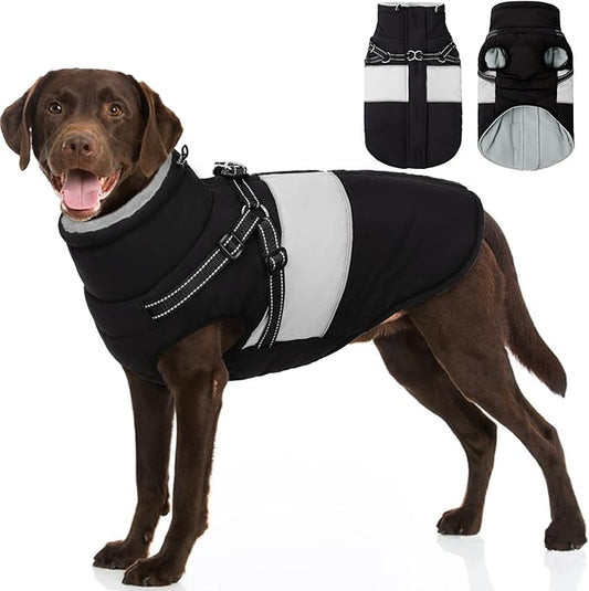 SUNFURA Dog Coat for Large Dogs, Warm Pet Jacket Winter with Harness Built in, Waterproof Pet Snow Jacket with Furry Collar, Reflective Fleece Snowsuit for Extra Large Dogs, Black XL