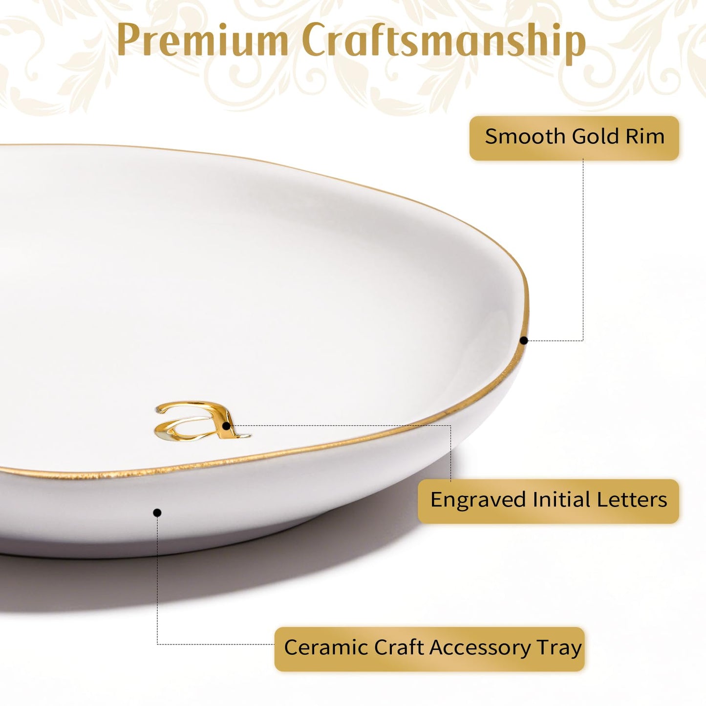 Fyshipin Ceramic Jewelry Tray,Decorative Trinket Dish for Room Decor,Birthday Valentine's Day Mother's Day Graduation Christmas Personalized Gift for Women, 4.75", Gold Rim,Engraved Initial k