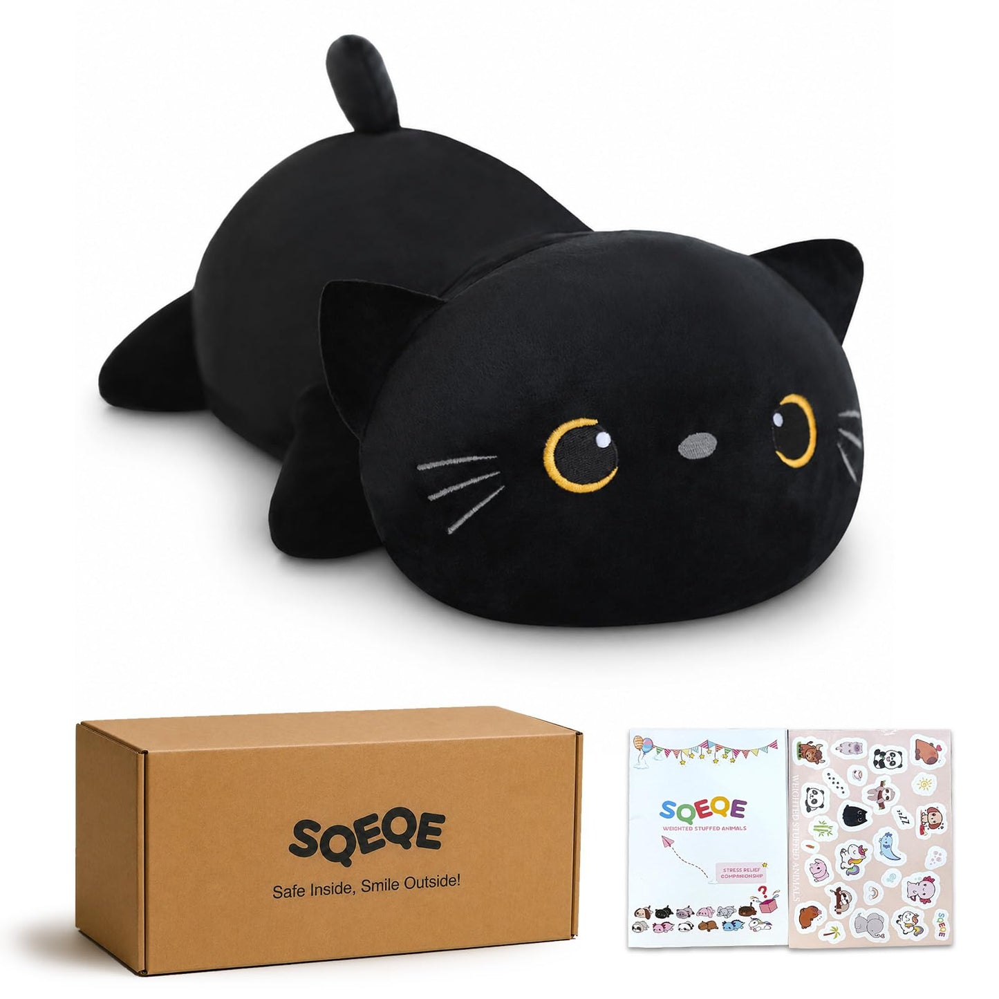 SQEQE Weighted Black Cat Plush, Weighted Black Cat Stuffed Animal, Cute Plushies Soft Pillow Toy Gift for Kids Adults 9.8 Inch, 0.8 Lbs