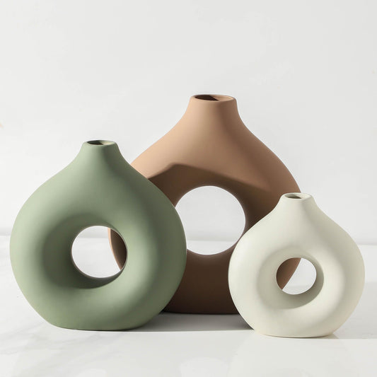 Vanselia Ceramic Vase Home Table Decor - Flower Vases Set of 3 Small Living Room Centerpiece Decorations for Shelf Bedroom Office Kitchen Dining Desk Modern Aesthetic Farmhouse Decorative (Brown)