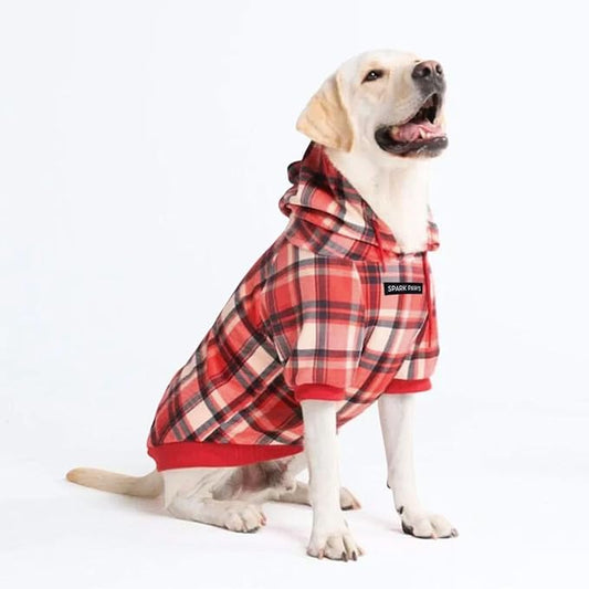 Spark Paws Dog Hoodie – Premium Dog Sweater for Small, Medium, and Large Dogs | Warm Outfits for French Bulldogs, Pitbull, Puppy, Winter Jacket Alternative - Red Plaid, 3XL