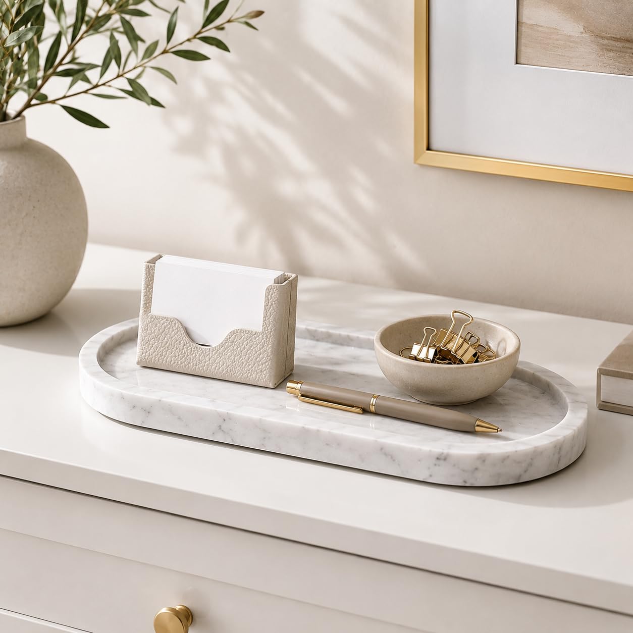 WORHE Natural Marble Vanity Tray Waterproof Italy Stone Bathroom Organizer for Perfume, Candles & Jewelry Non-Slip Oval Storage Tray for Spa, Bedroom, Kitchen 9.8" x 4.5" White (BH101)