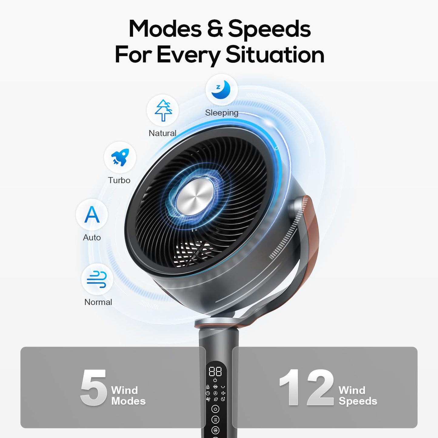 hykolity Large Fan for Bedroom, 120° Oscillating Standing Fan, 85ft Air Circulator With Remote, DC Motor Quiet Floor Fans, 90° Manual Vertical, 12 Speeds, 5 Modes, 12H Timer