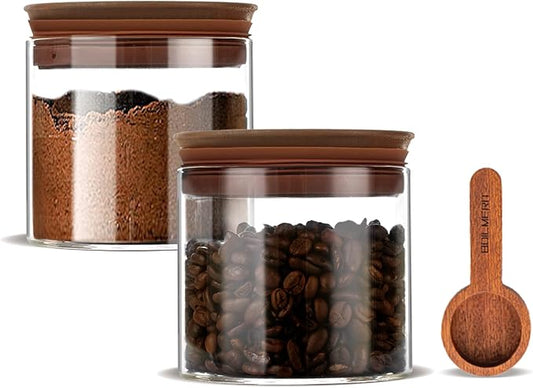 BOILMERIT 17 oz Coffee Canister with Scoop and Wooden Lids, Airtight Glass Coffee Beans Storage Container Sets of 2 for Ground Coffee,Food Storge Jars for Ground Coffee Bar Cereal Snack