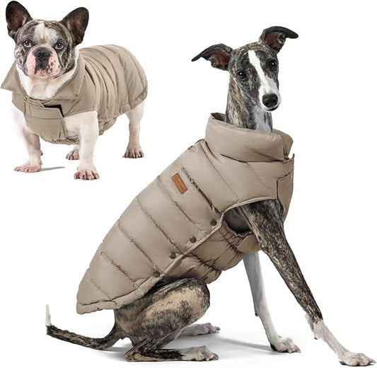 SPACE LION Dog Puffer Jacket, Down Winter Coat, Durable Outdoor Coat for Cold and Windy Conditions, Lightweight & Adjustable Fit Coats for Small & Medium Dogs, (Khaki, Size12/M)