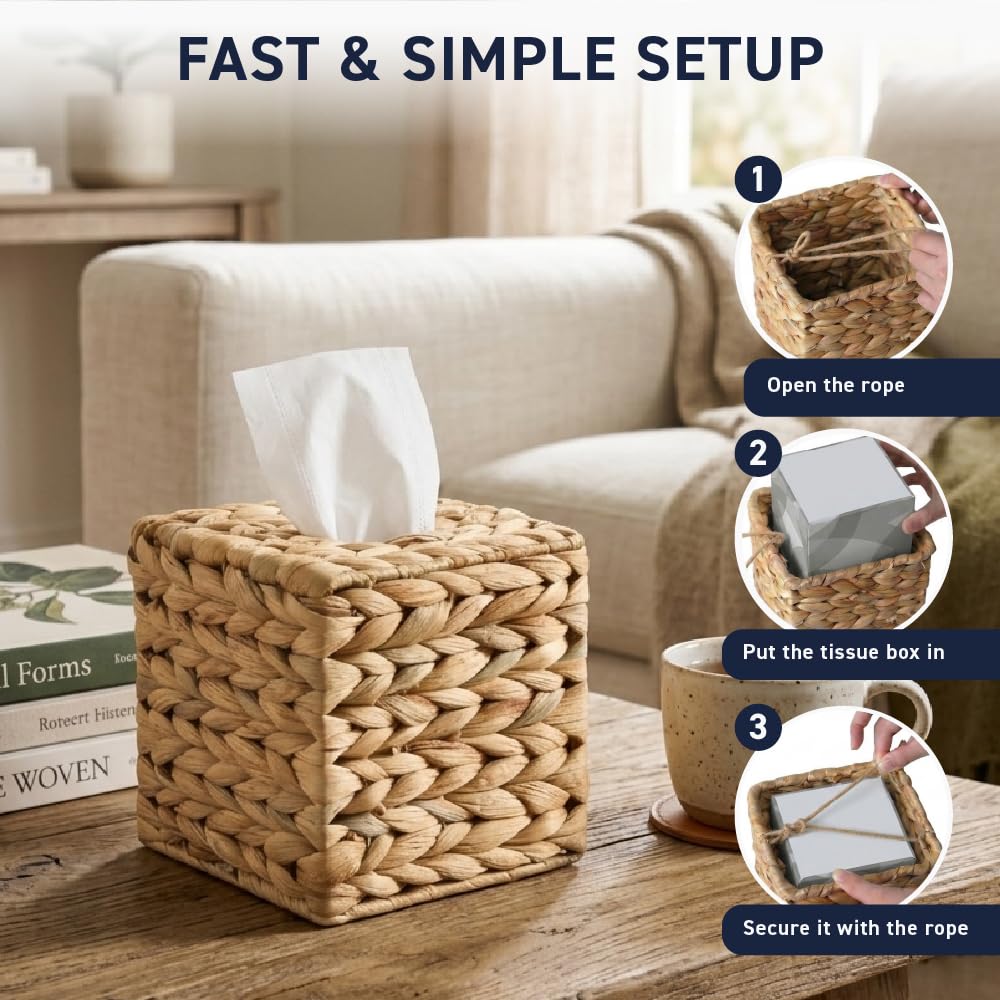 Ornavo Home Water Hyacinth Handwoven Tissue Box Cover – Square Decorative Tissue Holder with Rope Bottom Strap – Fits Standard Square Tissue Boxes – Boho Natural Woven Home Decor
