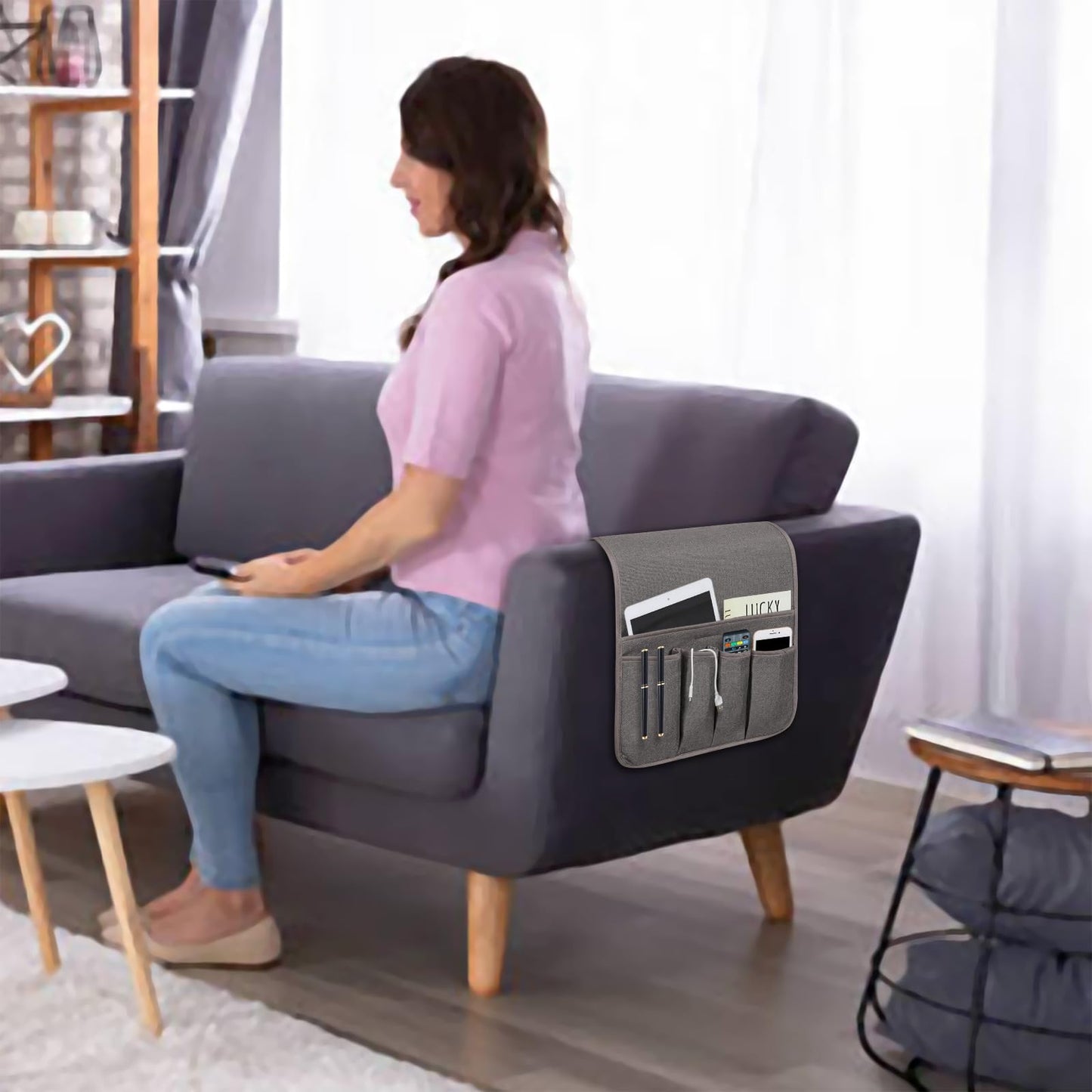 NB Remote Control Holder，Bedside & Armchair & Couch Caddy with Non-Slip Base，5 Pockets Oxford Fabric Bed Desk Storage Pocket for Phone Tablet Kindle Magazines，Gifts for Seniors (Dark Grey, 35"X12.4")