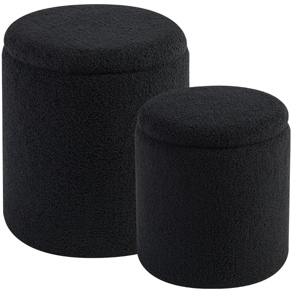 Round Ottoman with Storage Set of 2 - Upholstered Sherpa Vanity Stool for Makeup Multifunctional Ottomans Coffee Table Padded Seat Foot Rest for Living Room & Bedroom (Sherpa, Black)