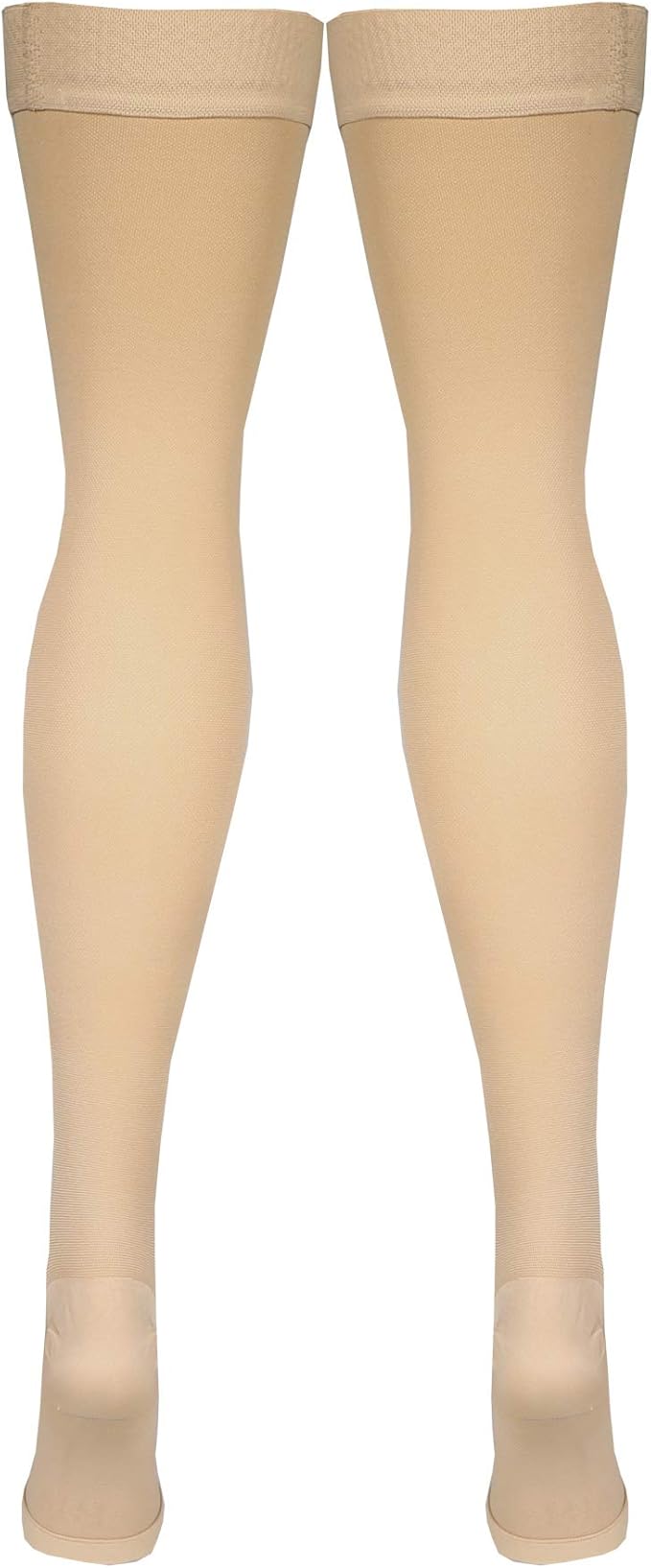 Amazon Basic Care Compression Stockings, 20-30 mmHg, Women & Men, Thigh Length | Open Toe | Beige | Large | Pack of 2