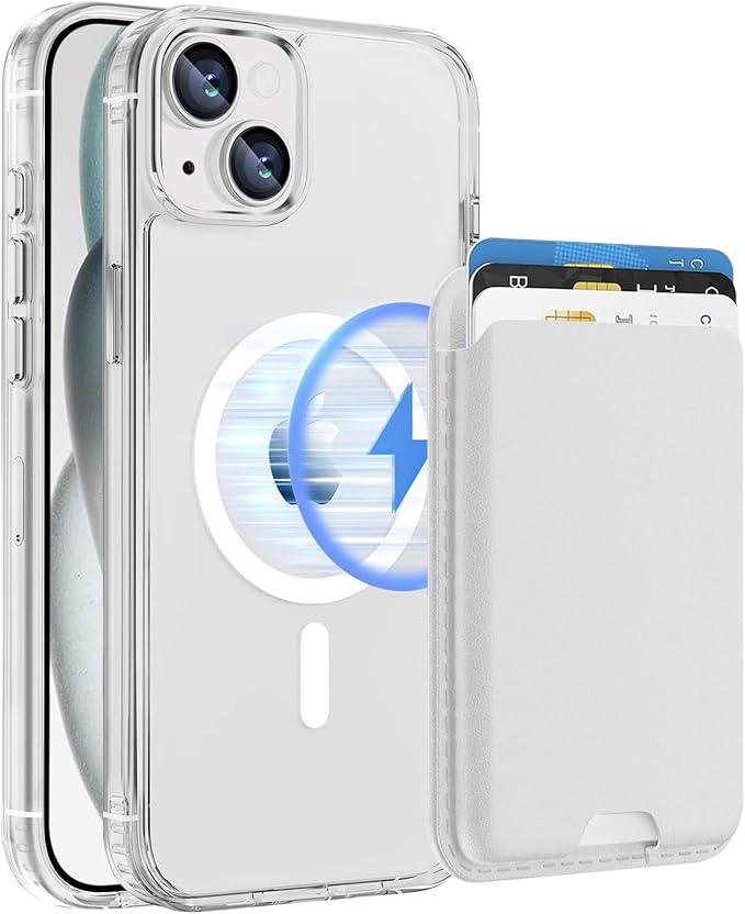 Ntwinro Magnetic for iPhone 15 Clear Case (Compatible with MagSafe) with White Detachable Wallet & Card Holder for 3 Cards [RFID Blocking] Military Grade Protective Slim Phone Cover