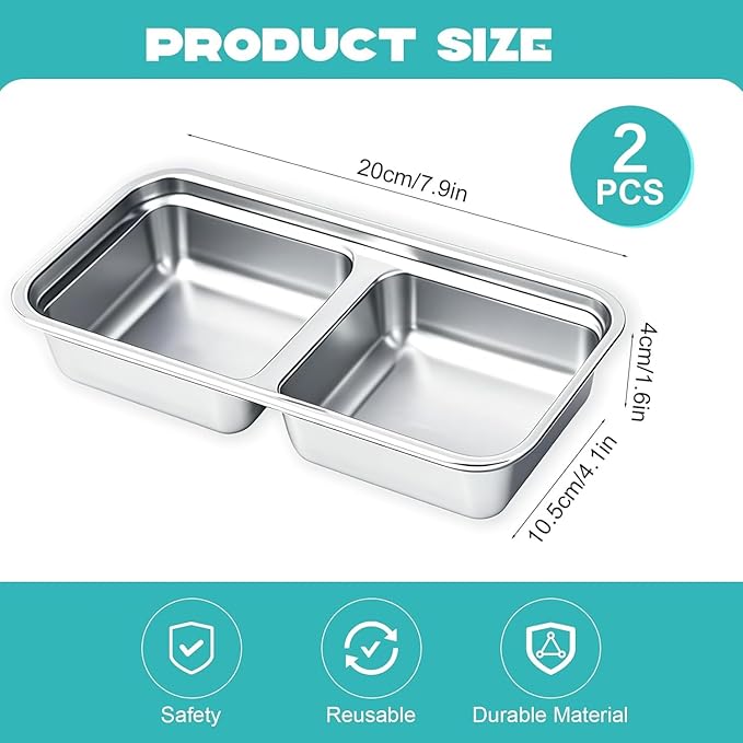 BSTUR 2Pcs 304 Stainless Steel Snack Containers, 30 oz 2 Compartments Portable Food Storage Bento Boxes with Leakproof Lids, Divided Meal Prep Lunch Box Food Container Dishwasher Safe
