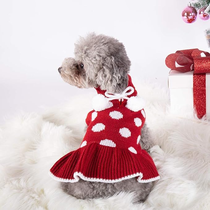 KYEESE Dog Sweater Dress with Leash Hole Turtleneck Dog Sweaters for Girl Medium Dogs Polka Dot Knit Pullover Warm Pet Sweater for Fall Winter