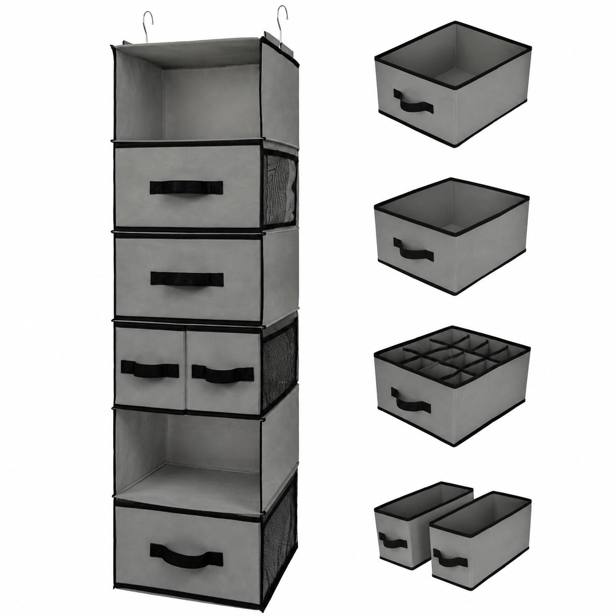 GRANNY SAYS Hanging Closet Organizer 6 Shelves, Closet Organizers and Storage with 5 Drawers, 6 Side Pockets Closet Hanging Organizer, Hanging Storage Organizer for Closet, Baby Clothes, Gray