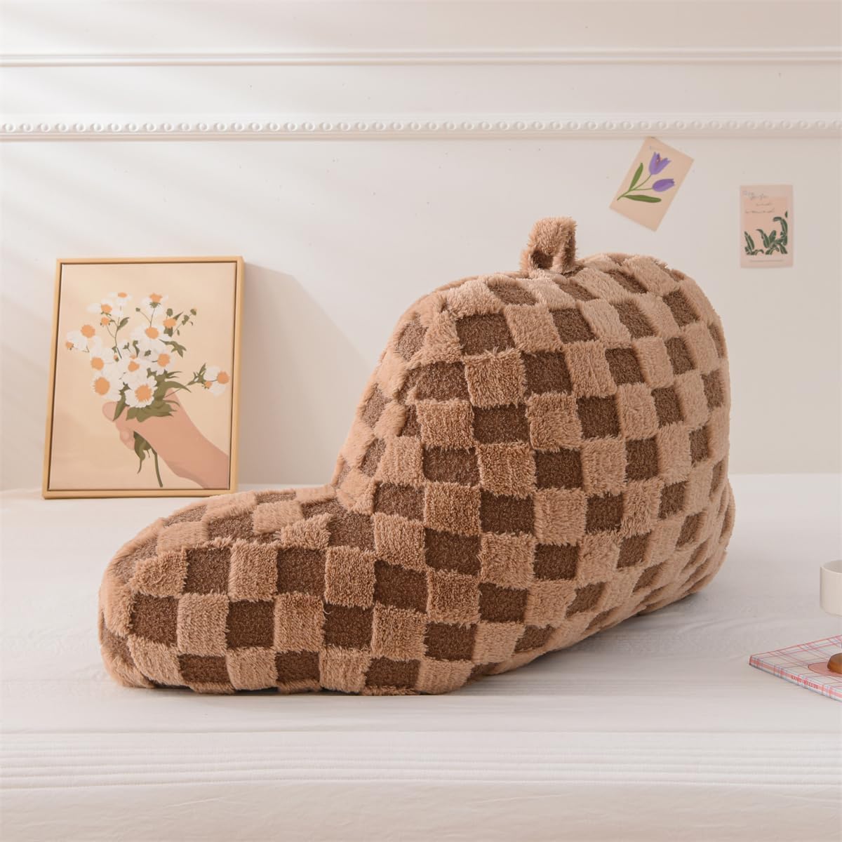 Holawakaka Checkered Reading Pillow for Bed and Sofa Couch Sitting Up, Backrest Pillows with Arms for Kids Teens Adults, Back Support Cushion for Lounging, Watching TV, Working on Laptop Khaki