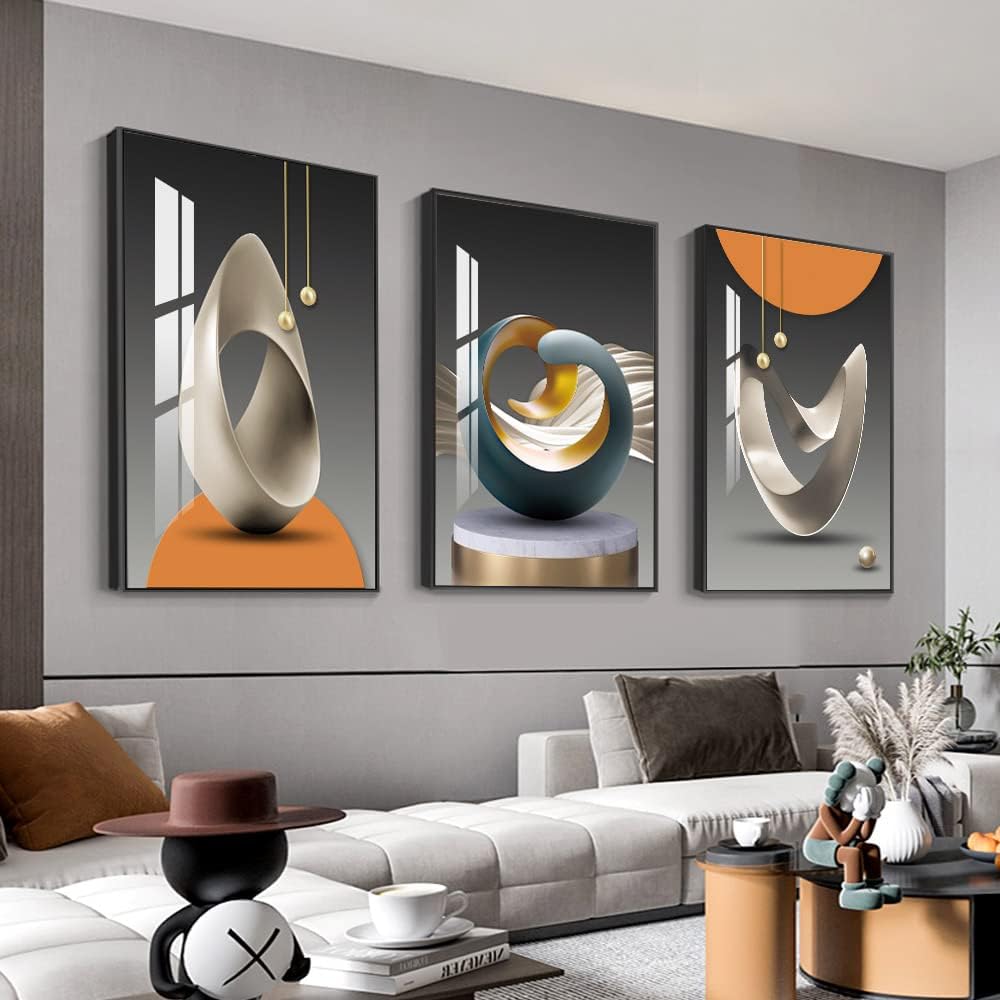 MPLONG Bright Style Framed Wall Art - Abstract Modern Shape Pattern in White, Blue, Yellow, Grey - Artfully Matching Living Room, Bedroom, Office Decor - 16"x 24"x 3 Panels