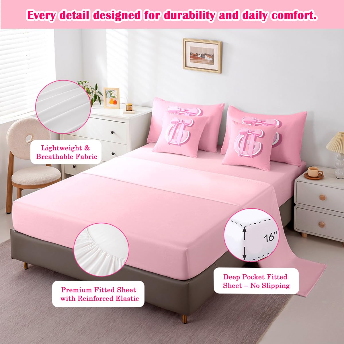 jejeloiu Dreamy Bow Bed Set, Queen Size, Decor Gifts for Women Teen Girl Ultra Soft Initial Letter G 7 Pieces Beeding Set, Monogrammed Bed in a Bag with Comforter, Sheets, Pillowcases Kawaii Pink