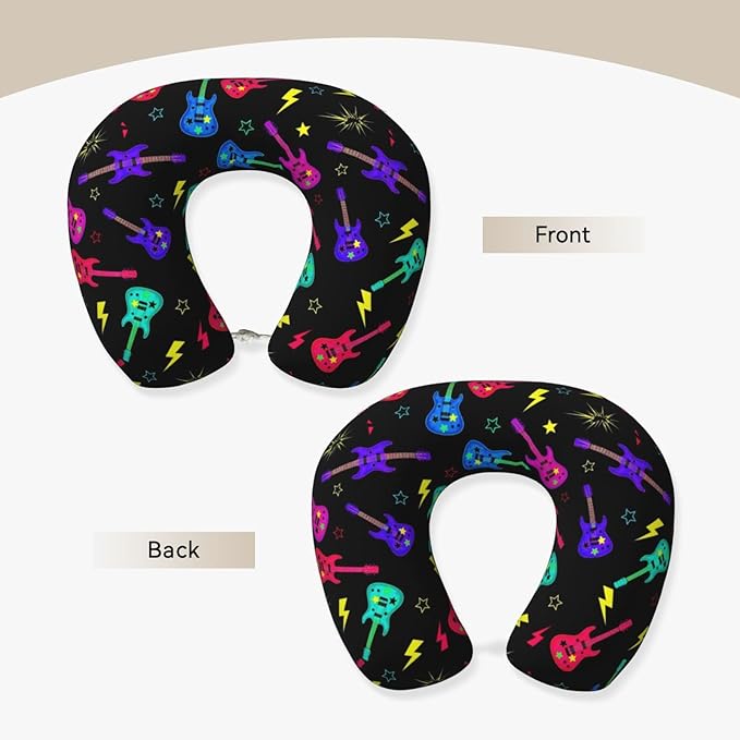 Breathable Neck Pillow for Sleeping Rest Nap Trippy Neon Electric Guitars, Airplanes/Car/Home Memory Foam Travel Cushion with Polyester Cover Washable for Women Men