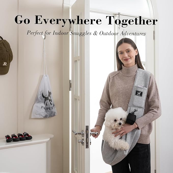 PAWPUBBY Dog Carriers for Small Dogs 3-10 lbs, Adjustable Soft Padded Shoulder Strap, Hands-Free Dog & Cat Sling Bag with Double Safety Buckles for Outdoor Travel, Light Gray, M