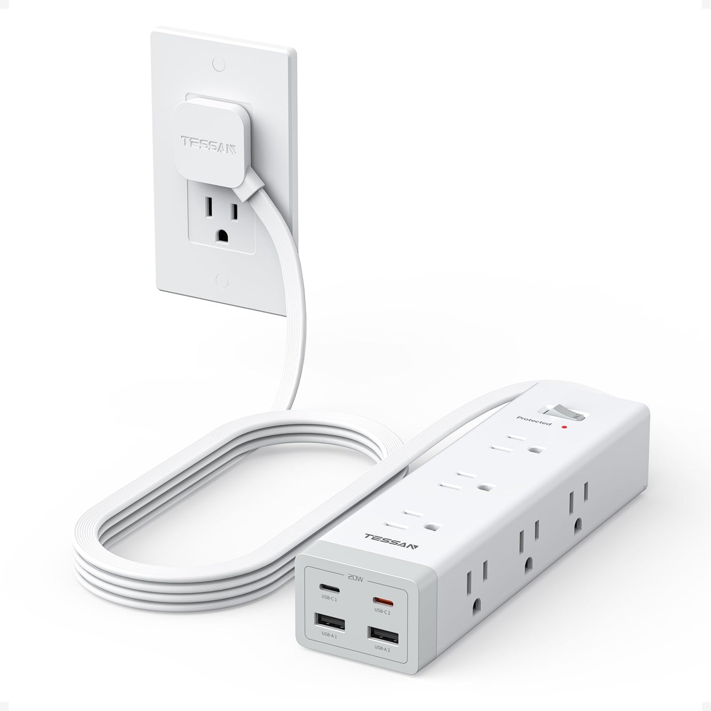 TESSAN Surge Protector Power Strip PD 20W, Ultra Thin Flat Plug 6 FT Extension Cord, 9 Outlets 4 USB(2 USB C), 1050J Protection Multiple Outlets Charging Station for Home, Office, College Dorm Room
