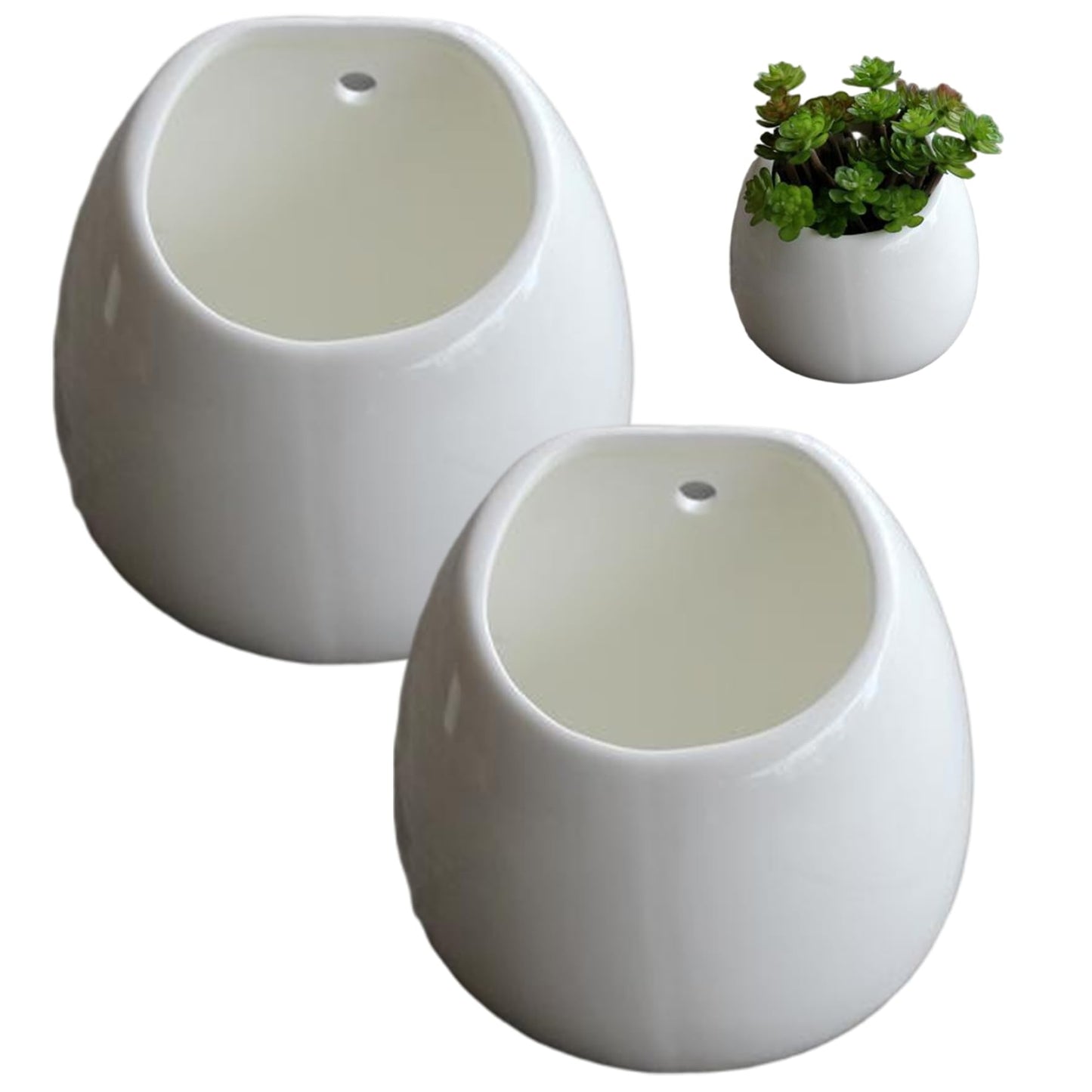 Tsawntd 2-Pack Ceramic Wall Planter with Hanging Hole Modern Hanging Plant Pot for Succulents and Small Plants Indoor Home Decor Planter, White Wall Mount