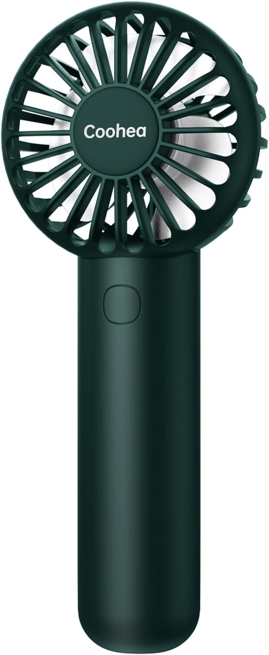 Coohea Mini Handheld Fan, Small Cute Design, 3 Powerful Speeds, USB Rechargeable Battery Operated, Personal Portable Fan with Base & Lanyard, for Eyelash Makeup Travel Beach Office Desk, Dark Green