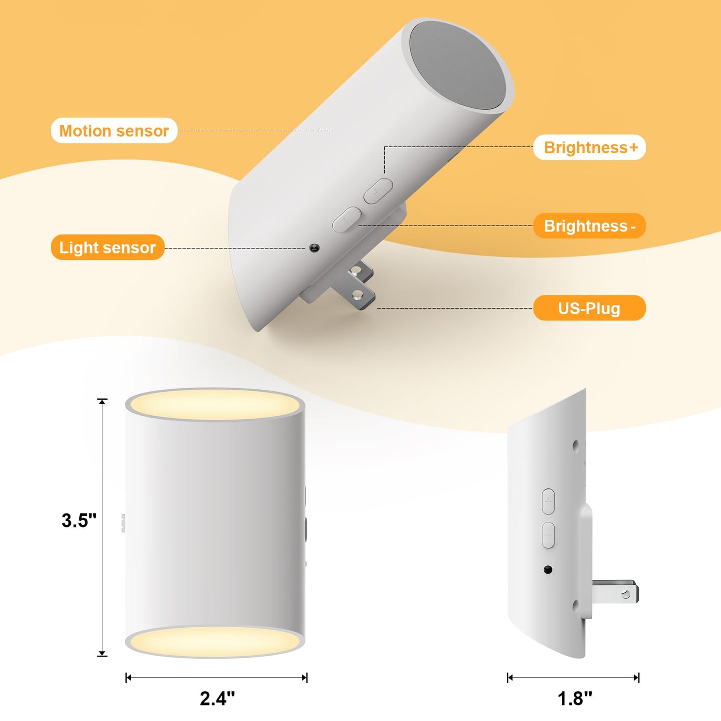 Fyrael Night Light Plug into Wall with Motion Sensor & Dusk to Dawn, Soft White LED 3000K, 7 Levels 1-100LM Adjustable Brightness, Auto Indoor Nightlight for Bedroom, Bathroom, Hallways,Stairs, 2-Pack