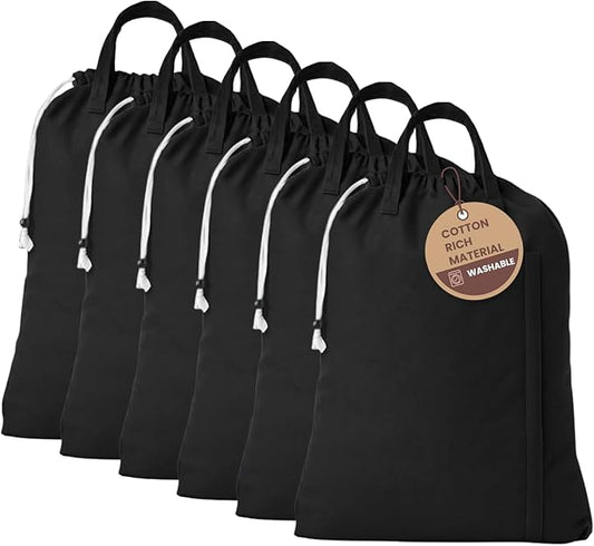 LFH Home Large Premium Cotton Canvas Laundry Bag with Drawstring and Handles Heavy Duty, Multi-Use, and Washable for Home, Travel, College or Storage 24x36 (Pack of 6)-Black