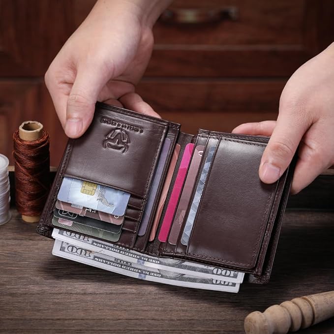 LEBULLBRO Genuine Leather Bifold Wallet RFID Blocking Wallet Large Capacity Purse Credit Card Holder for Men with 15 Card Slots (Navy)
