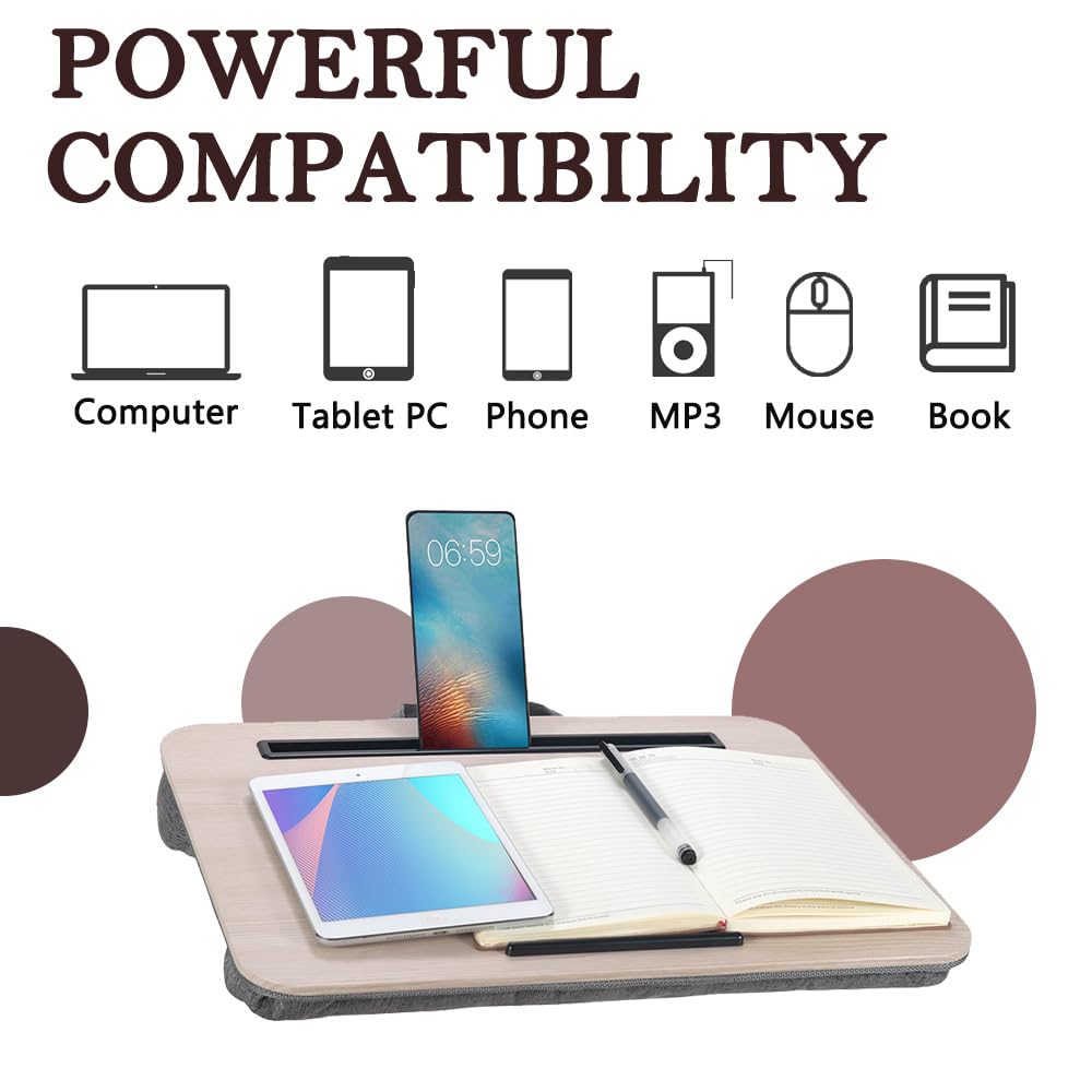 Portable Laptop Desk Fits Up to 16“ Laptops, with Tablet Slot, Built-in Cushion, Great for Home & Office,Lap Desk for Laptop,Lap Desk with Cushion (Light Wood, Medium)