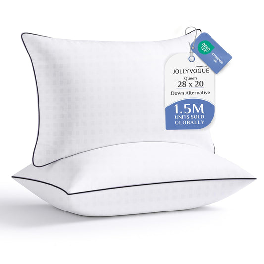 JOLLYVOGUE Pillows Queen Size Set of 2, Hotel Collection Bed Pillows for Side, Back, and Stomach Sleepers, Fluffy and Supportive, Down Alternative Microfiber Filled Sleeping Pillow