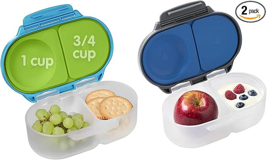 b.box Snack Box 2 Pack - Leak Proof Mini Bento Box for Kids & Toddlers, 2 Compartment Snack Containers for Kids, Dishwasher Safe, BPA Free, PFAS Free, Ages 4m+, 1 3/4 Cup Each (Ocean Blue + Slate)