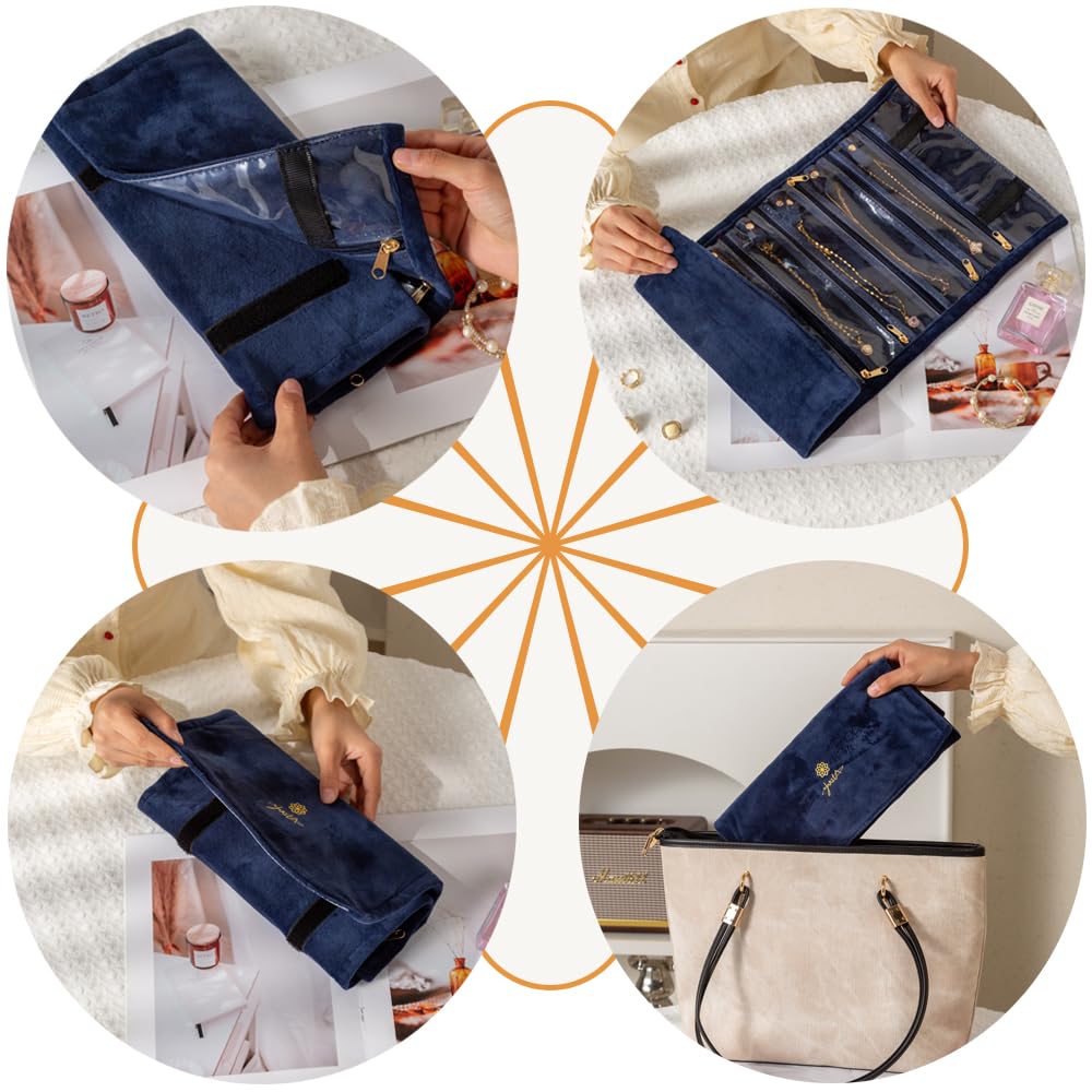 YQQZUM Travel jewelry organizer-Portable organizers and storage Soft Velvet travel case with Zippered, Compact Storage for Earrings, Rings, Necklaces, Studs, for Women(Blue, 18Pockets)