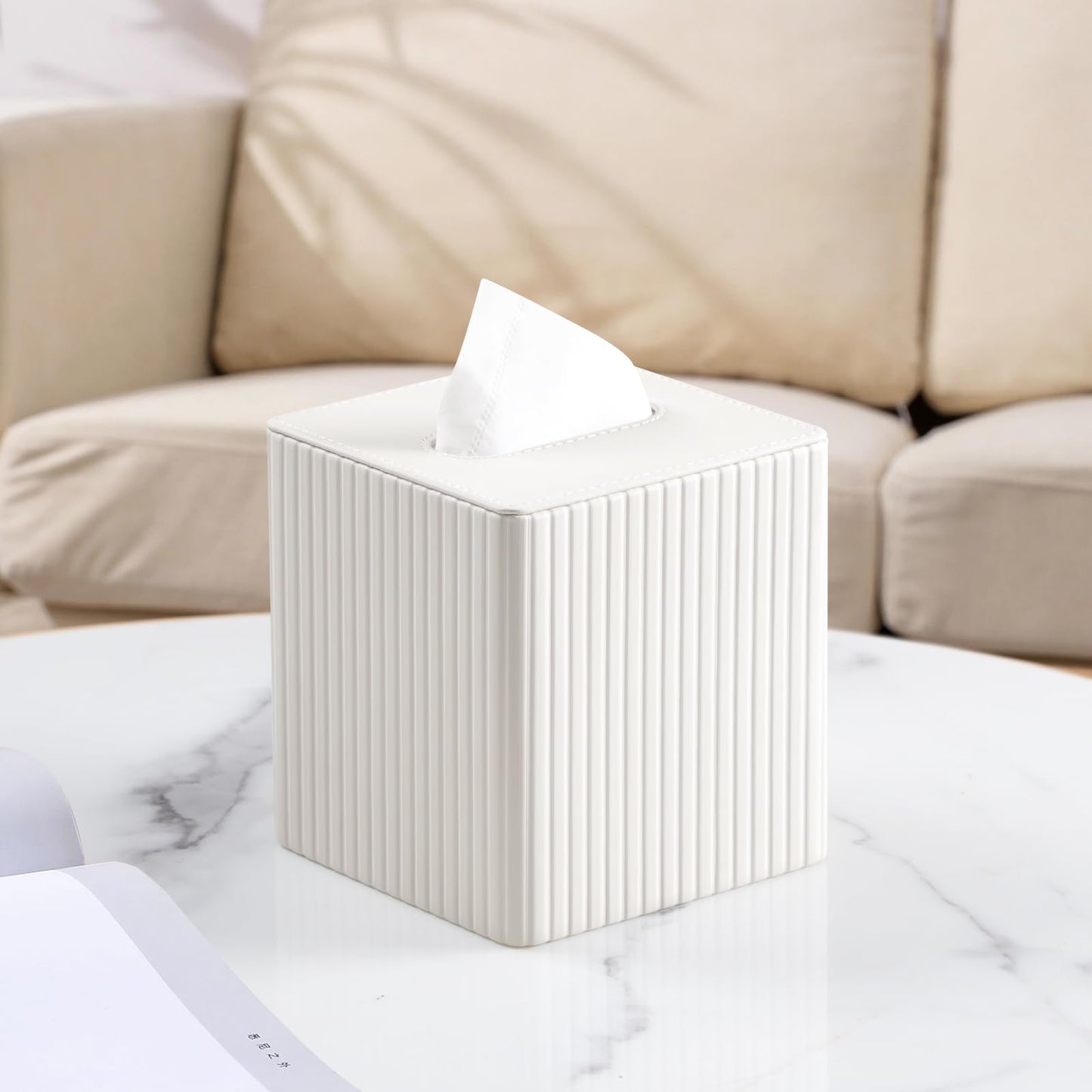MEIBOOCH PU Leather Tissue Box Cover Square Tissue Box Holder with Magnetic Closure (Ivory)