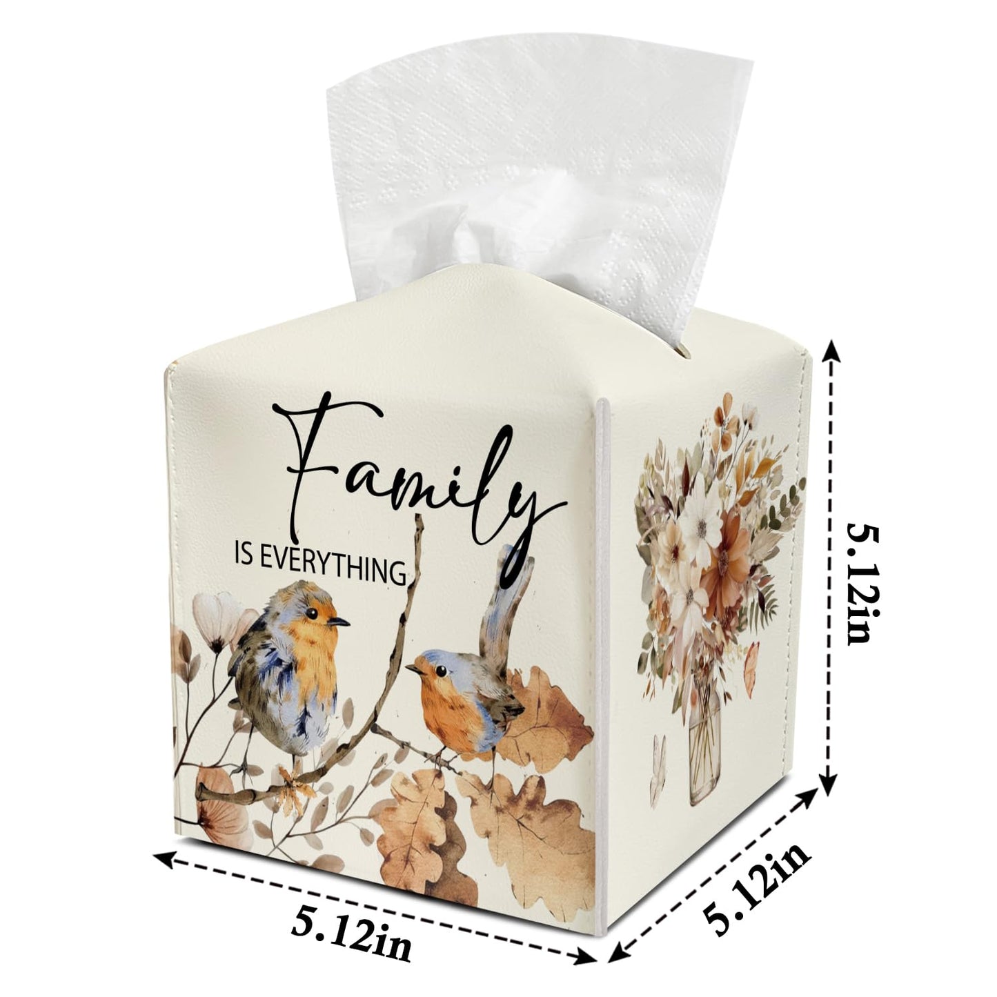 Family Leather Tissue Holder with Bottom Belt for Women Housewarming Gift Floral Bird Tissue Box Cover Bathroom Car Nightstand Vanity Kitchen Decor Waterproof Napkin Organizer Dispenser - FS713